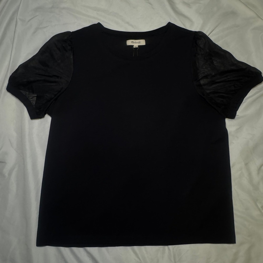 Madewell Sheer Puff‎ Sleeve Top Womens Medium Black Knit Crew Neck Streetwear